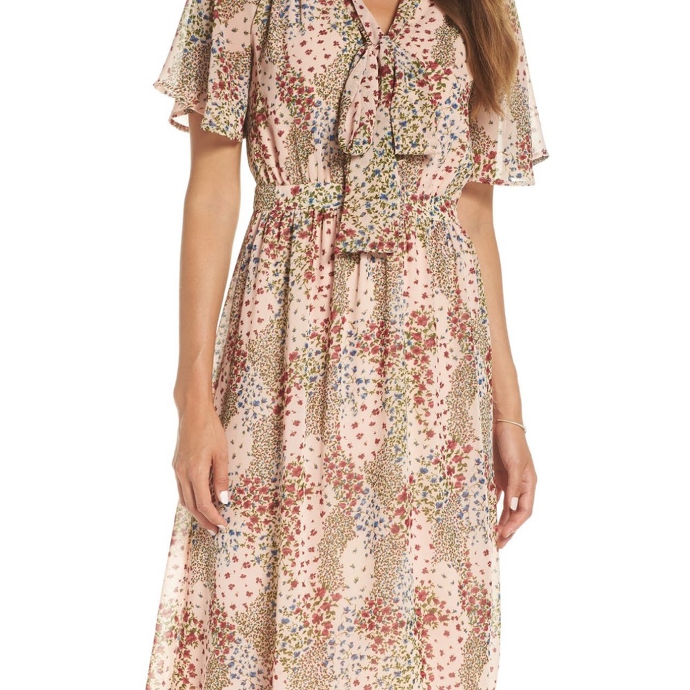 Tie Neck Floral Midi Dress